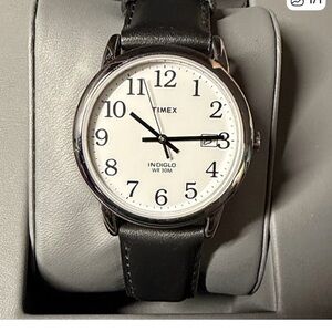 Timex Men’s Black Leather Strap Watch with White Dial